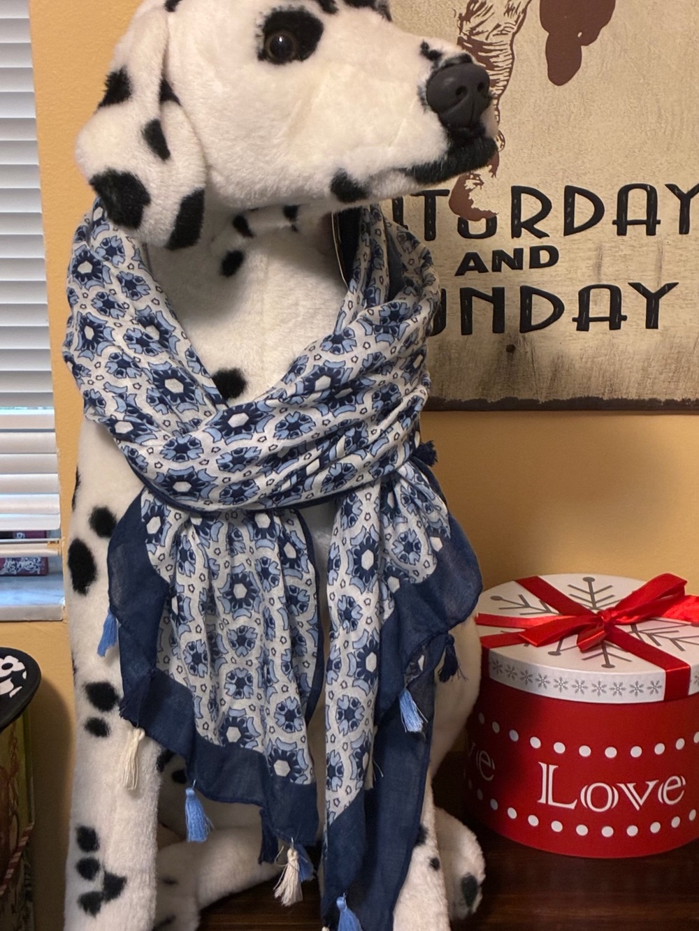 Blue Patterned scarf with Navy Trim 27” wide X 73” long